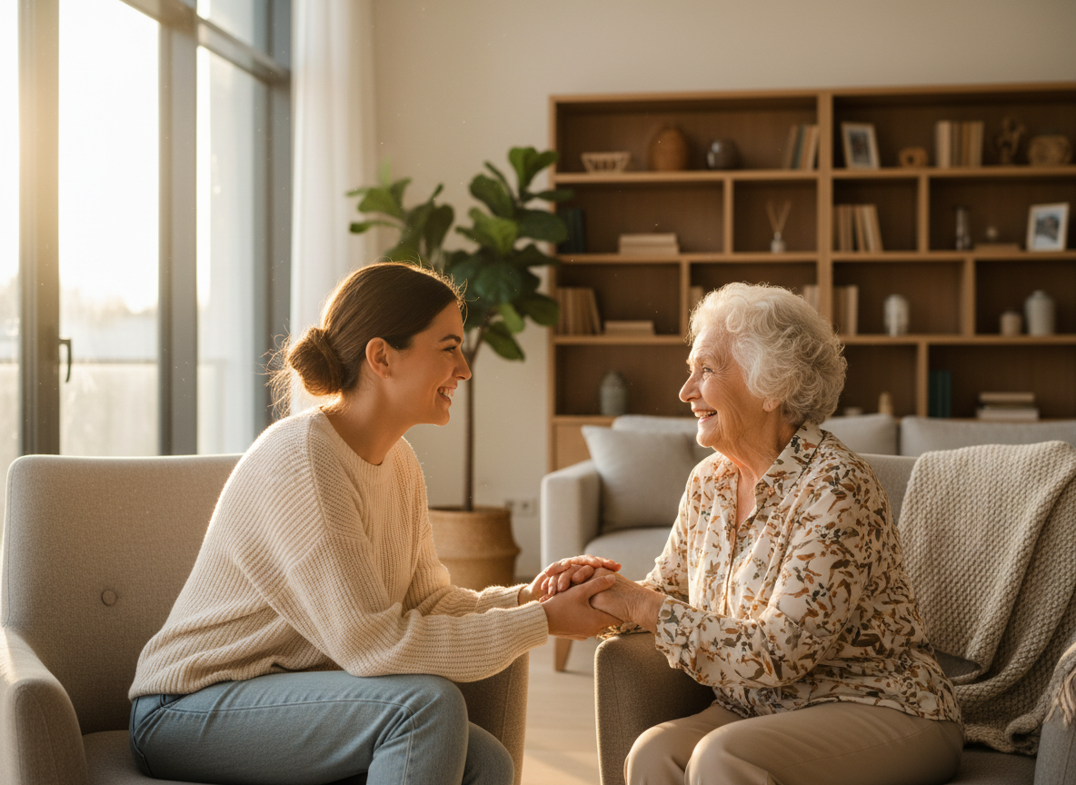 Liebevolle Betreuung einer Seniorin durch eine Pflegekraft